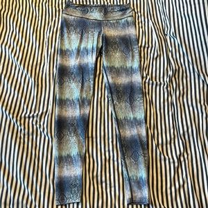 NUX leggings. Full length. Dark Blue, purple, teal snakeskin print